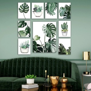 Set tablouri decorative Re-Bloom, 9 piese, MDF, alb/verde - Img 3
