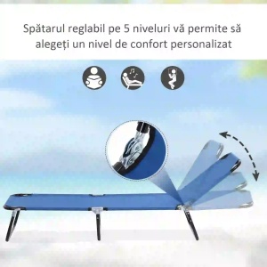 Sezlong de gradina cu spatar reglabil in 5 pozitii, otel/tesatura Oxford, 188x56x28 cm pliat 70x57x13 cm, inaltime spatar 28-84 cm, capacitate 120kg, albastru - Verificat A · Re-Bloom - Img 6