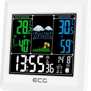 Statie meteo interior-exterior ECG MS 300 White, senzor extern fara fir, LCD color, ceas, alarma - Img 1