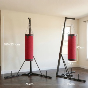 Suport sac de box reglabil 175x91x185-231 cm, baza triunghiulara otel antirugina, 3 suporti discuri, sac panza Ø29x97 cm, rosu si negru - Verificat A · Re-Bloom - Img 3