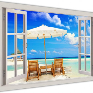 Tablou „Beach Holiday Window”, panza/lemn, multicolor, 40 x 60 x 1,8 cm