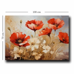 Tablou canvas Re-Bloom, model floral, lemn masiv/panza, bej/rosu, 70 x 100 cm - Img 3