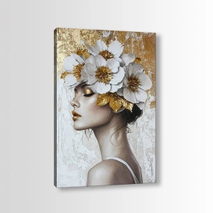 Tablou decorativ canvas model femeie, 50x70 cm, panza/lemn, gri/auriu - Verificat A · Re-Bloom - Img 3