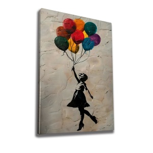 Tablou decorativ canvas model fetita cu baloane, 70x100 cm, panza/lemn, multicolor - Verificat A · Re-Bloom