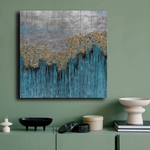 Tablou decorativ Re-Bloom, lemn masiv de pin/panza, gri/auriu/albastru, 70 x 70 cm