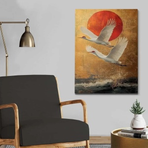 Tablou decorativ Re-Bloom, lemn masiv/MDF, alb/auriu/portocaliu, 70 x 100 cm - Img 3