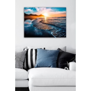 Tablou decorativ Re-Bloom, model apus de soare, lemn/panza, albastru/auriu, 50 x 70 cm - Img 3