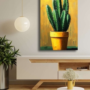 Tablou decorativ Re-Bloom, model cactus, panza/lemn, galben/verde, 45 x 70 cm - Img 4