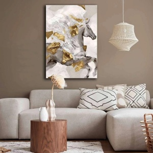 Tablou decorativ Re-Bloom, model cal, panza/lemn, gri/auriu/alb, 70 x 100 cm - Img 4