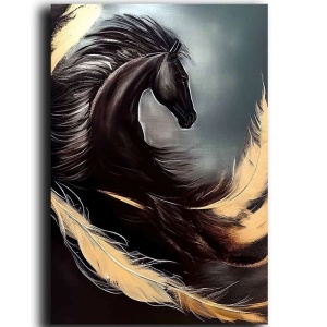Tablou decorativ Re-Bloom, model cal, panza/lemn, negru/gri/bej, 70 x 100 cm