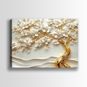 Tablou decorativ Re-Bloom, model copac, panza/lemn, alb/auriu, 70 x 100 x 3 cm - Img 2