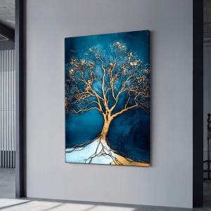 Tablou decorativ Re-Bloom, model copac, panza/lemn masiv, albastru/auriu, 60 x 90 cm - Img 3