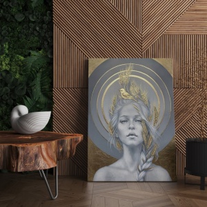 Tablou decorativ Re-Bloom, model femeie, panza/lemn, gri/auriu, 70 x 100 cm - Img 3