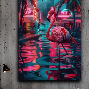 Tablou decorativ Re-Bloom, model flamingo, panza/lemn, multicolor, 70 x 100 cm - Img 3