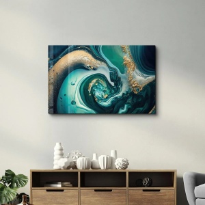 Tablou decorativ Re-Bloom, sticla temperata, albastru/verde/auriu, 70 x 110 cm - Img 4