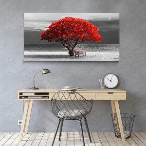 Tablou modern Hyidecorart, copac, gri/rosu, panza/lemn, 100 x 50 cm - Img 4