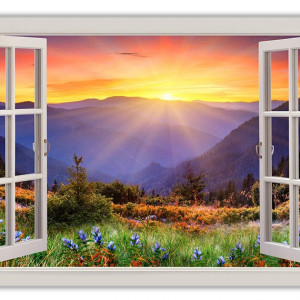 Tablou Sunrise Mountain View cu efect de fereastră 3D, 76cm H x 101cm W x 1,8cm D - Img 2