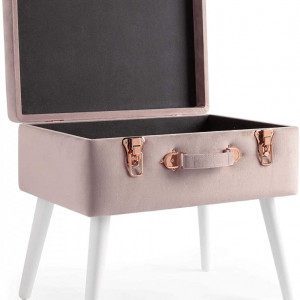Taburet tip valiza vintage cu spatiu de depozitare, catifea, roz, 50 x 35 x 46 cm - Img 2