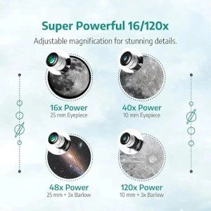 Telescop astronomic 40070, cu marire de 16x-120x pentru copii si adulti, include 2 oculare, lentile Barlow 3x, trepied, adaptor pentru telefon, Resigilat, Grad A - Img 2