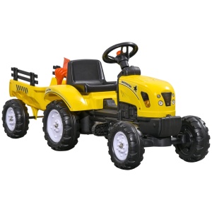 Tractor de pedalat pentru copii cu remorca, metal/plastic, 133x42x51 cm, scaun 18.5x20cm/28cm inaltime, capacitate 35kg, varsta 3+ ani, grebla + lopata + claxon incluse, galben/negru - Verificat A · Re-Bloom