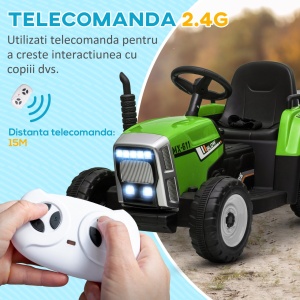 Tractor electric pentru copii cu remorca detasabila, PP/metal, 136.5x50x52.5 cm, baterie 12V 4.5Ah, viteza 3-6km/h, telecomanda 15m, autonomie 45min, capacitate 30kg, certificat EN71/EN62115, varsta 3-6 ani, verde/gri/negru - Verificat A · Re-Bloom - Img 5
