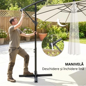 Umbrela de gradina cu brat si manivela, otel/poliester, Ø295x245 cm, stalp brat Φ42mm + sustinere Φ48mm, alb crem/negru - Verificat A · Re-Bloom - Img 6