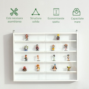 Vitrina suspendata de perete 80x9.5x60 cm, 5 rafturi reglabile, 2 usi glisante sticla, PAL, pentru figurine si parfumuri, alb - Verificat A · Re-Bloom - Img 5