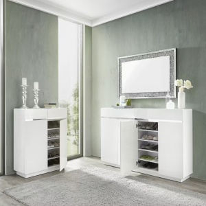 Xora pantofar 160.3x104.5x34.5 cm, 40-45 perechi, 4 usi batante, 2 sertare, 8 polite fixe 25mm, MDF lucios, alb/inox - Verificat A · Re-Bloom - Img 2