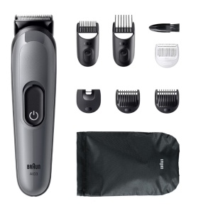 Aparat de tuns multifunctional Braun All-in-One Seria 3 AIO3540, 8-in-1, Lama ultra ascutita, 6 Piepteni, 1 Perie de curatare, 1 Saculet, 14 Setari de lungime , Autonomie 50 minute, Gri argintiu lucios, Resigilat, Grad A