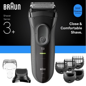 Aparat electric de ras Braun Series 3+ 3000BT, 3 Lame Flexibile, Microcomb pentru eficienta, Accesoriu de tuns barba, +5 piepteni, Utilizare umeda/uscata, Fabricat In Germania, Gri, Resigilat, Grad A