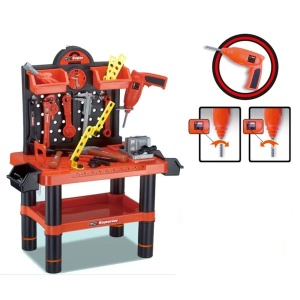 Banc de lucru jucarie Rovo 57008, masina de gaurit electrica, unelte si accesorii, 52 piese