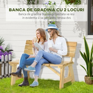 Banca de exterior pentru 2 persoane, lemn de pin, 116x56x80 cm, sezut 116x37cm/inaltime 45cm, capacitate 220kg, lemn natur - Verificat A · Re-Bloom - Img 5