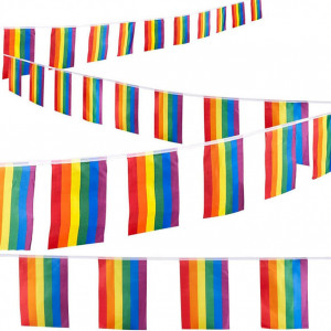 Banner cu 30 de steaguri curcubeu Hollylife, nailon/poliester, multicolor, 10 m / 14 x 21 cm - Img 1