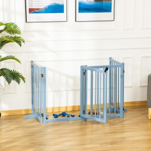 Bariera pliabila pentru caini, lemn de pin, 237.5x36x80 cm pliata 59.5x7.6x80 cm, 4 panouri + usa, potrivita caini talie mica/medie (piept max 50cm), albastru gri - Verificat A · Re-Bloom - Img 2