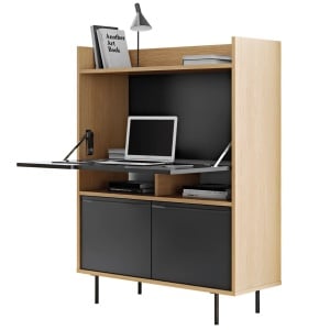 Birou secretaire Lomborg, PAL/metal, negru mat/natur, 104 x 138 x 40 cm