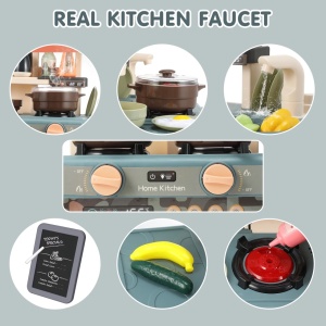 Bucatarie copii, Rovo 187, aragaz de jucarie, chiuveta cu circuit de apa, aragaz aburi, sunete, lumini, frigider, fructe, legume, multiple accesorii, 42 de piese - Img 8