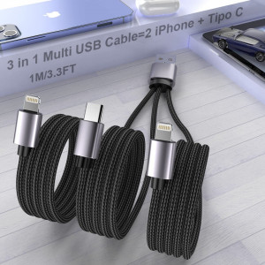 Cablu universal de incarcare 3 in 1 MTAKYI, USB/USB-C/Lightning, nailon, negru, 1,8 m - Img 1