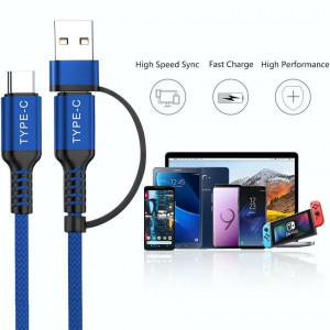 Cablu USB C la USB C cu adaptor USB A Basesailor, aluminiu/nailon, albastru/negru, 2 m, 100 W - Img 6