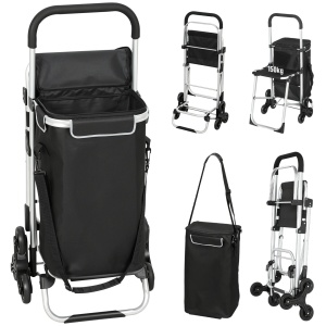 Carucior cumparaturi aluminiu cu geanta 40L impermeabila si scaun, 3 roti urcat scari, 46x59.5x97cm, Negru/Argintiu - Verificat A · Re-Bloom