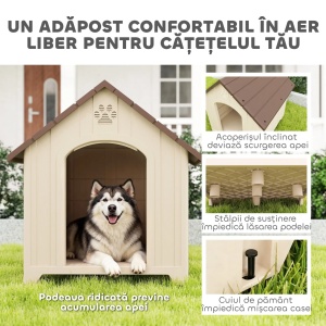 Casuta pentru caini de exterior talie mare/XL, PP impermeabil, 102x94x103 cm, interior 95x82x91cm, usa 42x63cm, ferestre 14x12cm, picioare 5cm, potrivita animale <75cm/<40kg, bej/maro inchis - Verificat A · Re-Bloom - Img 6