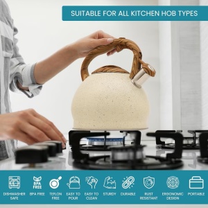 Ceainic cu Fluier, Oțel Inoxidabil, Bej Texturat, 3 L, 23x23x23 cm, Resigilat, Grad A - Img 2