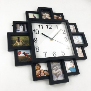 Ceas de perete cu rame foto Genena, lemn/sticla/plastic, negru, 40 x 40 x 4,5 cm - Img 7