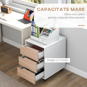 Comoda de birou cu 3 sertare 40x50x57.5 cm, MDF, ghidaje culisante, 4 roti din care 2 cu frana, manere ingropate, alb si lemn - Verificat A · Re-Bloom - Img 6