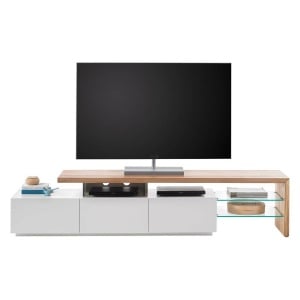 Comoda TV Molios II, MDF/sticla, alb/natur, 204 x 44 x 40 cm