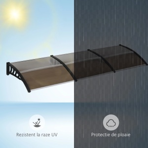 Copertina de exterior pentru usa/fereastra, policarbonat 5mm/aluminiu/PP, 303x96x27 cm, suport perete 96x27 cm, set suruburi inclus, negru - Verificat A · Re-Bloom - Img 6