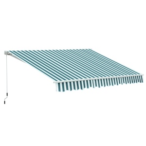 Copertina de soare cu brate reglabile si manivela, aluminiu/poliester, 295cm latime, extensie max 250cm, rola aluminiu 6cm, bara torsiune otel 35x35mm, verde/alb - Verificat A · Re-Bloom