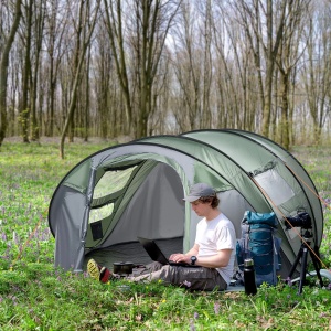 Cort de camping pop-up Re-Bloom, poliester/PE/plasa/fibra sticla, 263.5x220x123 cm, 2 persoane, 2 usi, 4 ferestre, impermeabil, 8 tarusi+4 corzi+husa incluse, verde inchis/gri - Verificat A · Re-Bloom - Img 2