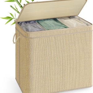 Cos pentru rufe cu 3 compartimente Songmics, bambus/textil/metal, natur, 66 x 43 x 61 cm
