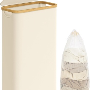 Cos pentru rufe Songmics, panza Oxford/bambus, crem/natur, 42 x 22,5 x 70,5 cm, 65L