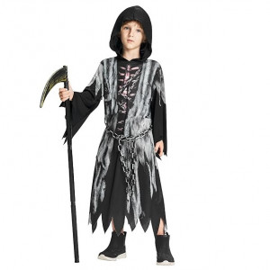 Costum de Halloween pentru copii Okali, 3 piese, textil/plastic, negru/gri/argintiu, 3-4 ani